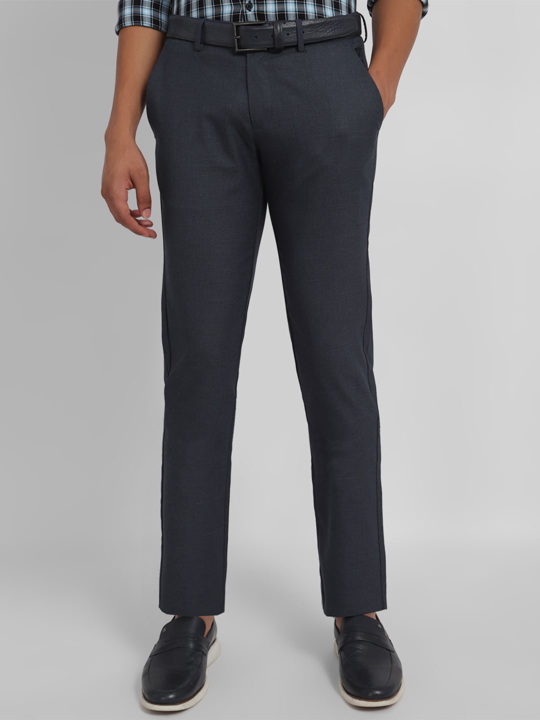 

Allen Solly Men Textured Mid-Rise Slim Fit Formal Trousers, Navy blue