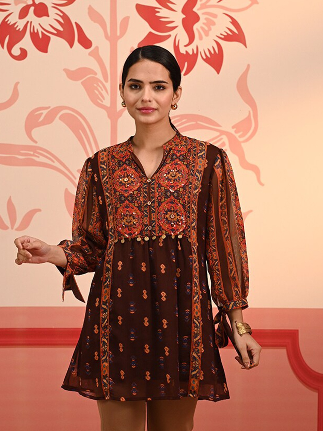 

Lakshita Ethnic Motifs Printed Mandarin Collar Puff Sleeves Chiffon A-Line Top, Brown