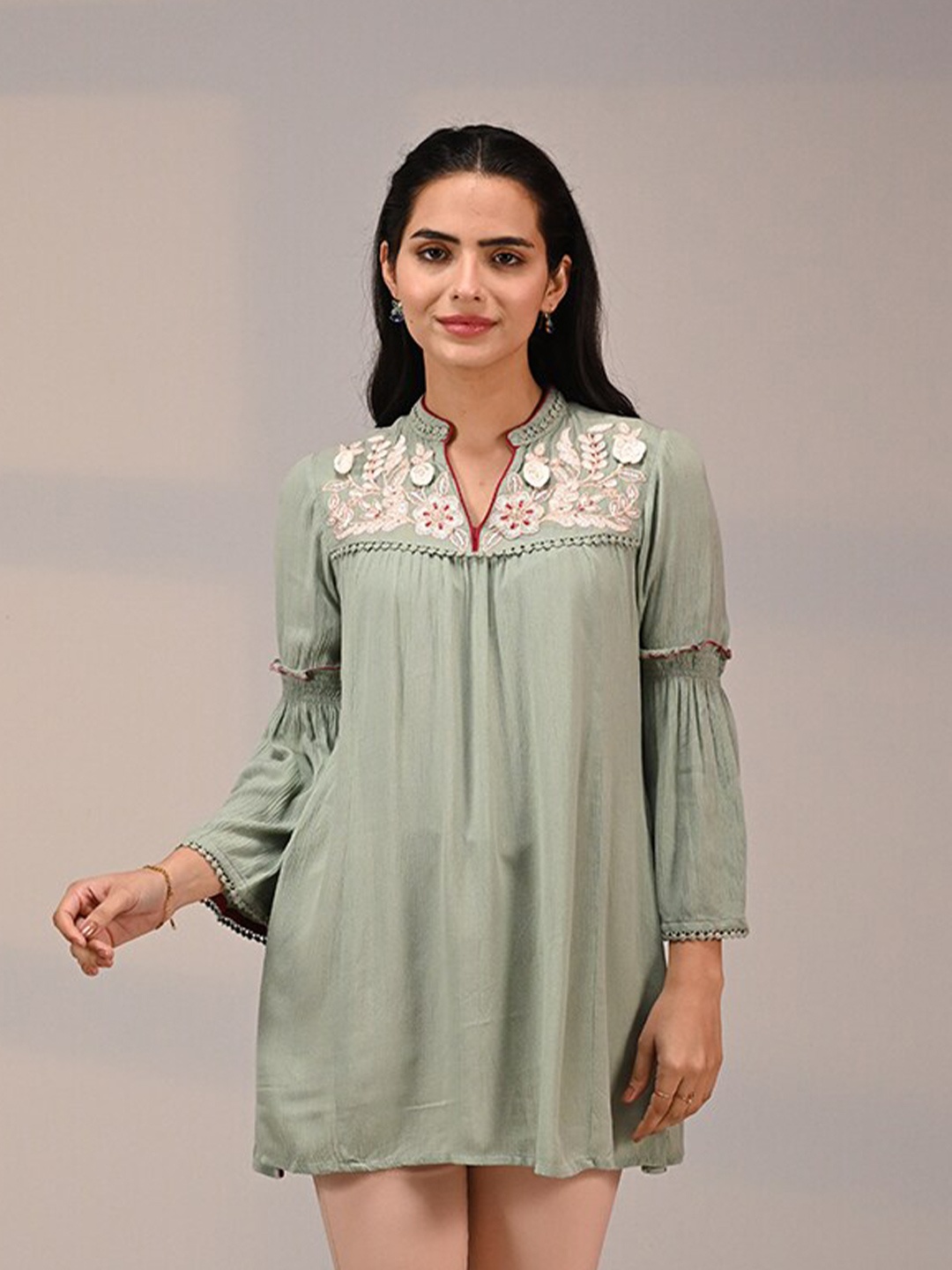 

Lakshita Floral Embroidered Mandarin Collar Flared Sleeves Crepe Top, Green