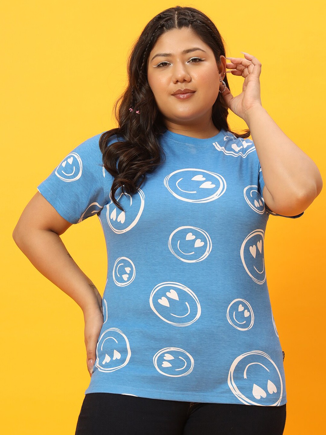 

BEYOUND SIZE - THE DRY STATE Round Neck Conversational Printed Cotton Regular Fit T-shirt, Blue
