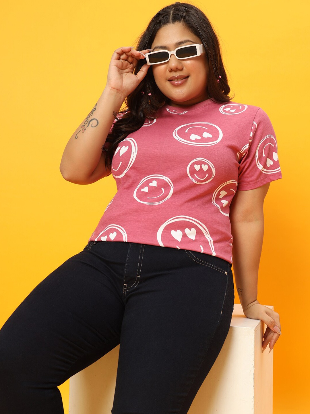 

BEYOUND SIZE - THE DRY STATE Round Neck Conversational Printed Cotton Regular Fit T-shirt, Pink