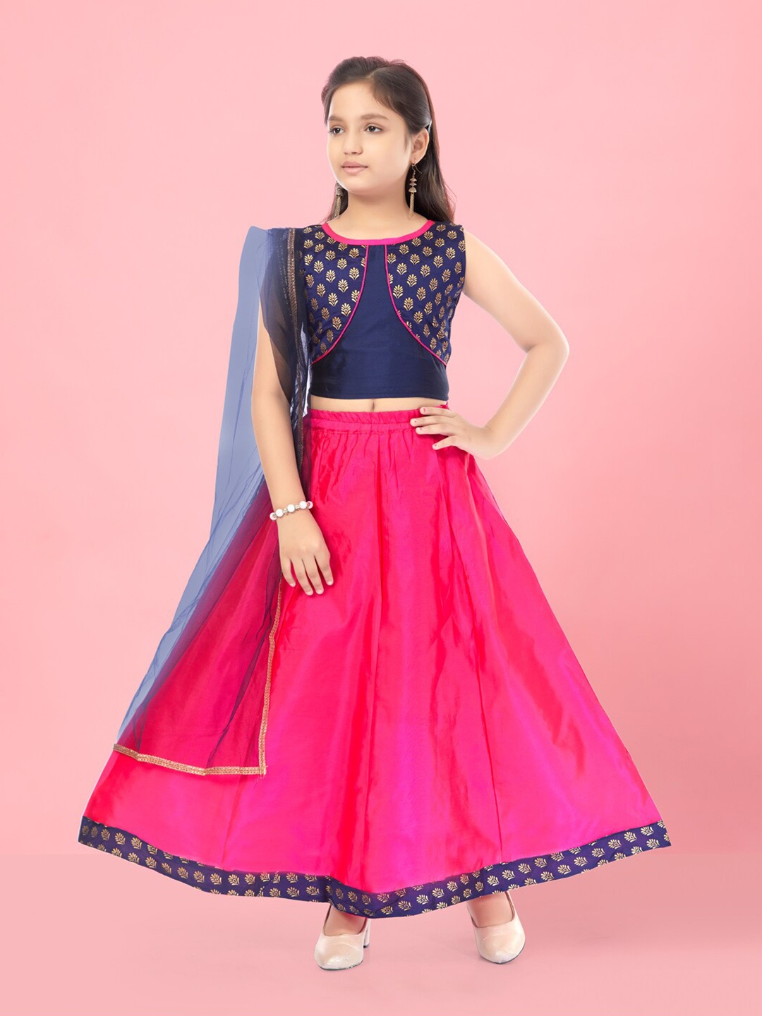 

BAESD Girls Printed Ready to Wear Lehenga & Blouse With Dupatta, Navy blue