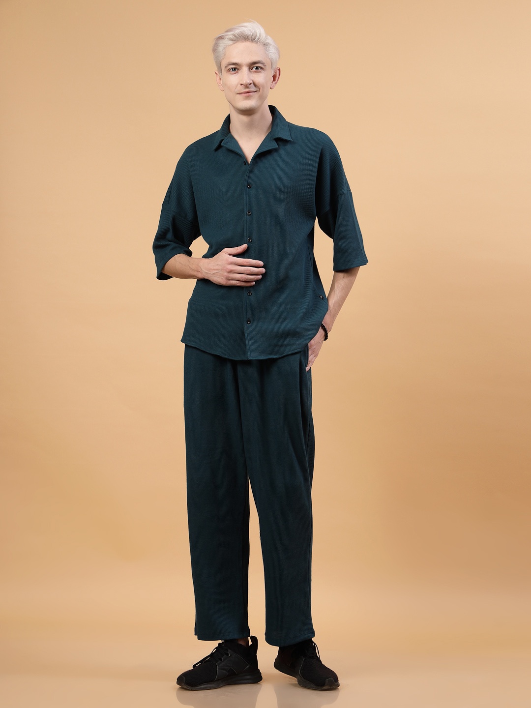 

Rigo Self Design Pure Cotton Oversized Shirt With Trousers Co-Ords, Teal