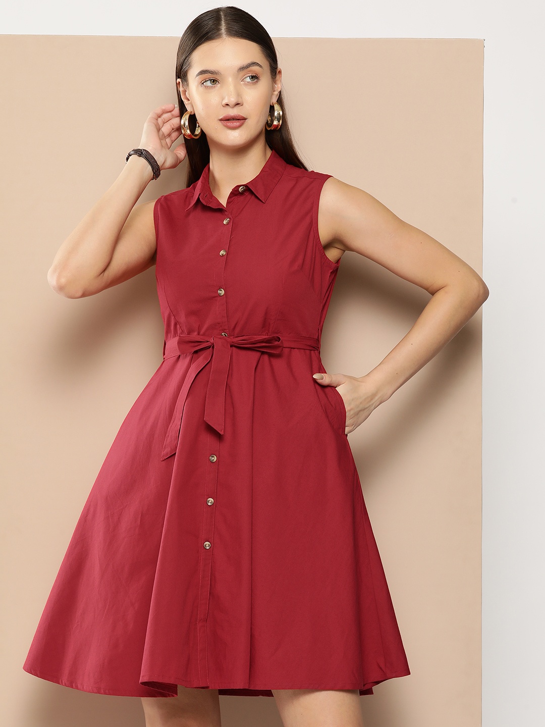 

Chemistry Solid Tie-Ups Detailed A-Line Dress, Maroon