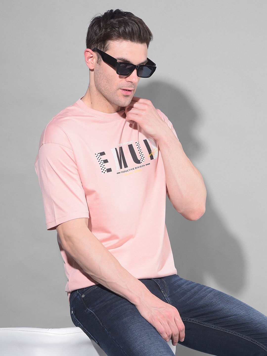 

COBB Emud Peach Printed Round Neck Oversized T-shirt, Pink