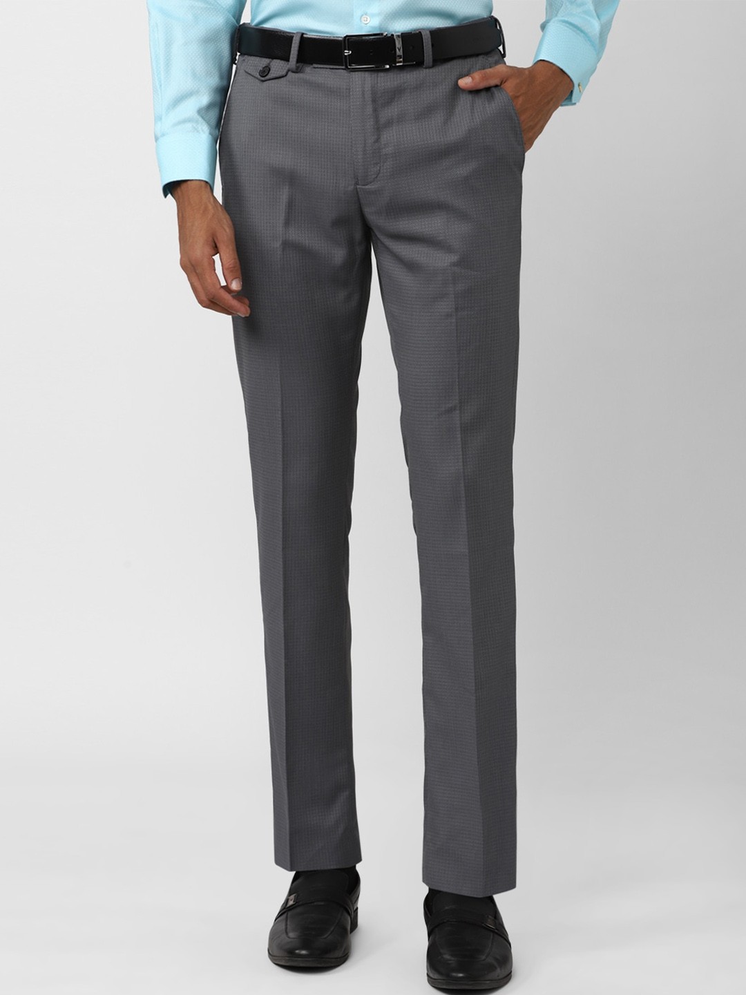 

V Dot Men Skinny Fit Textured Mid-Rise Formal Trousers, Grey