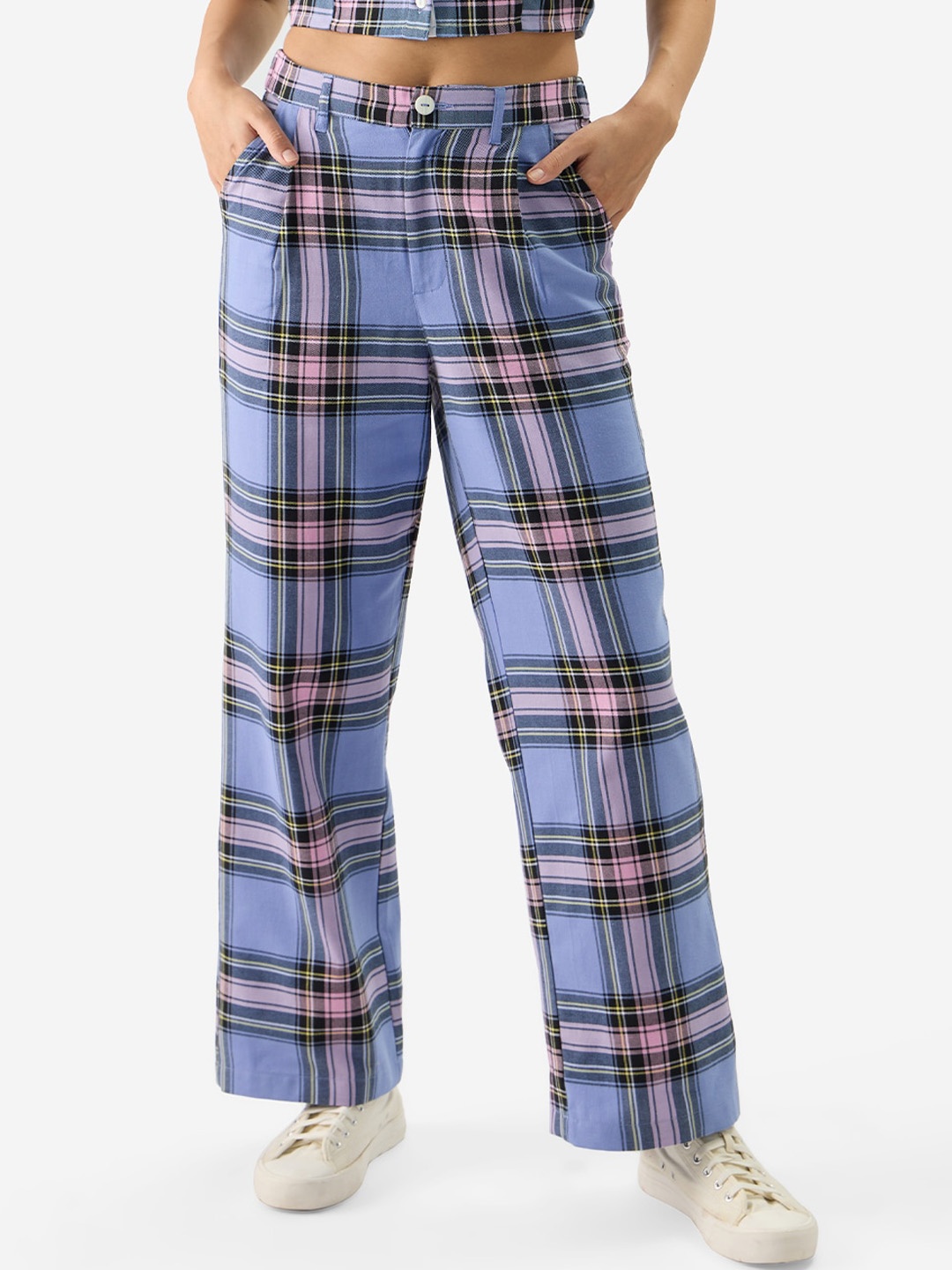 

The Souled Store Women Mid-Rise Checked Flared Trouser, Blue