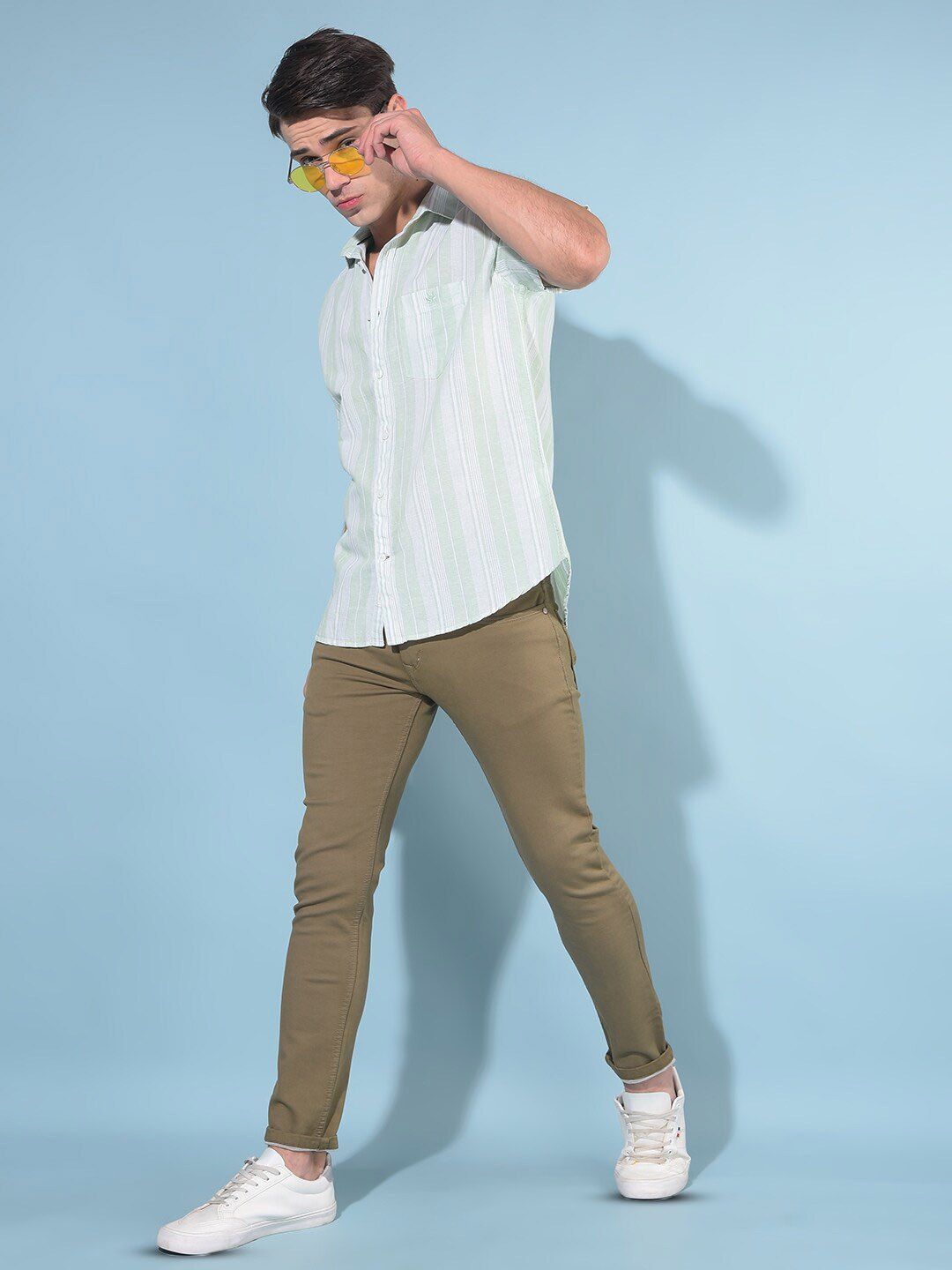 

Crimsoune Club Resort Collar Slim Fit Striped Casual Shirt, Green