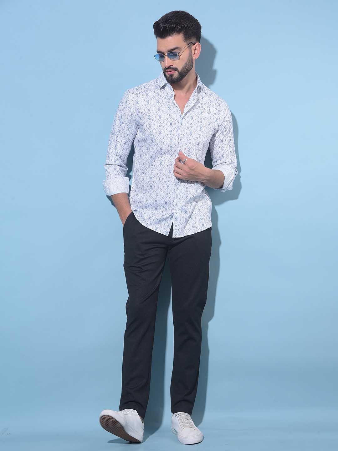 

Crimsoune Club Classic Slim Fit Checked Spread Collar Long Sleeves Cotton Casual Shirt, White