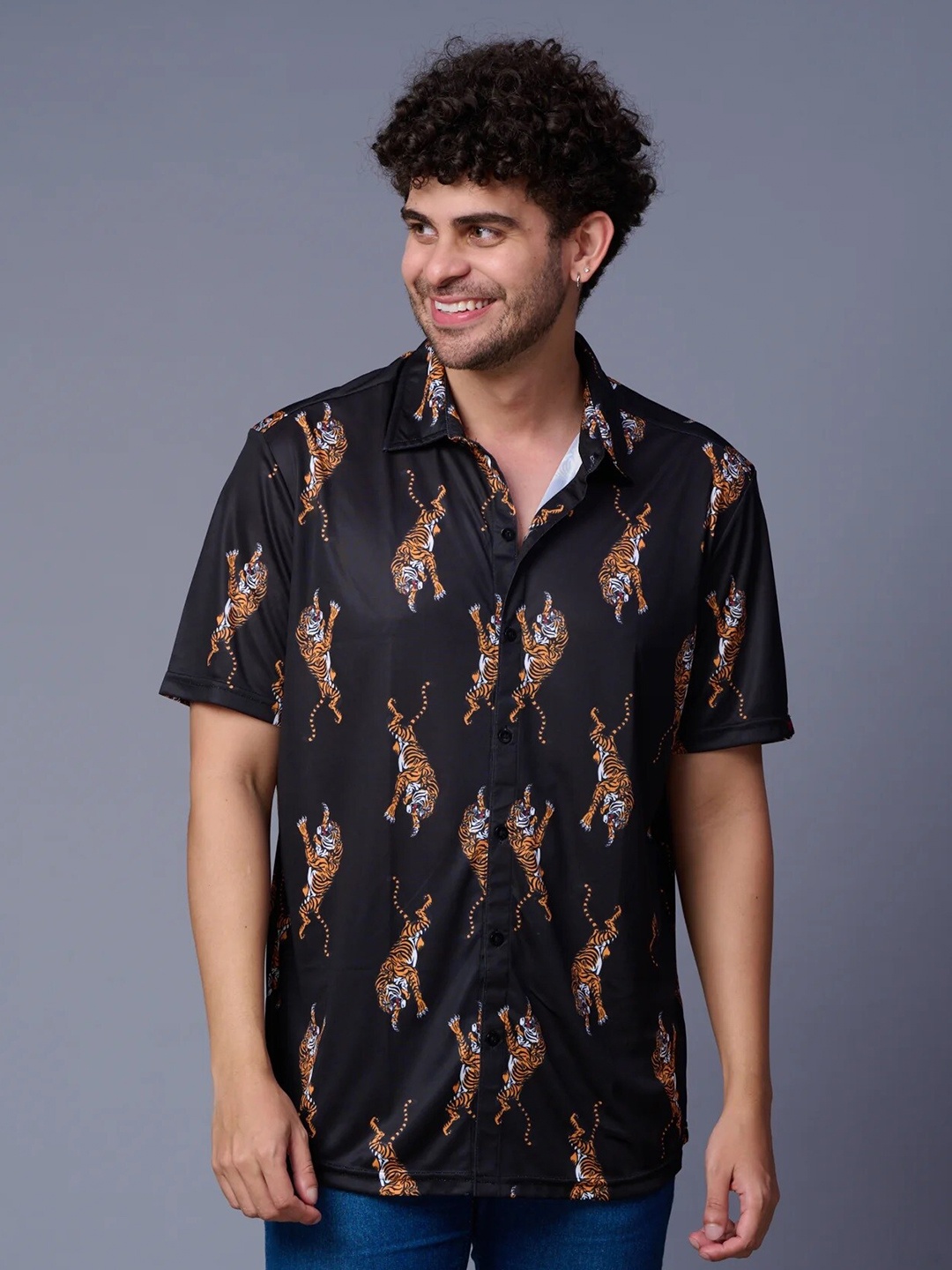 

GO DEVIL Animal Printed Casual Regular Fit Shirt, Black