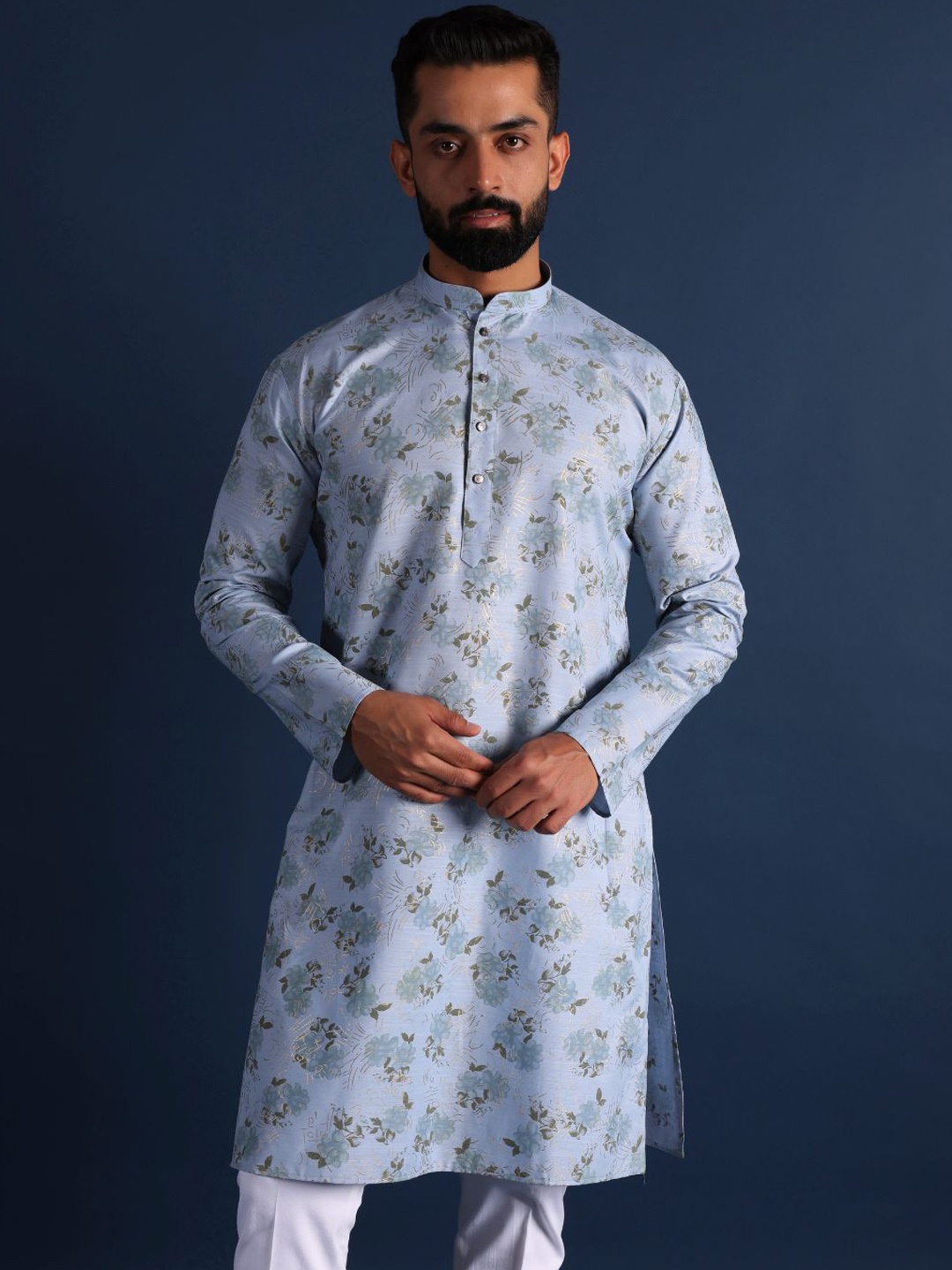 

Lightpole Floral Printed Mandarin Collar Cotton Straight Kurta, Blue