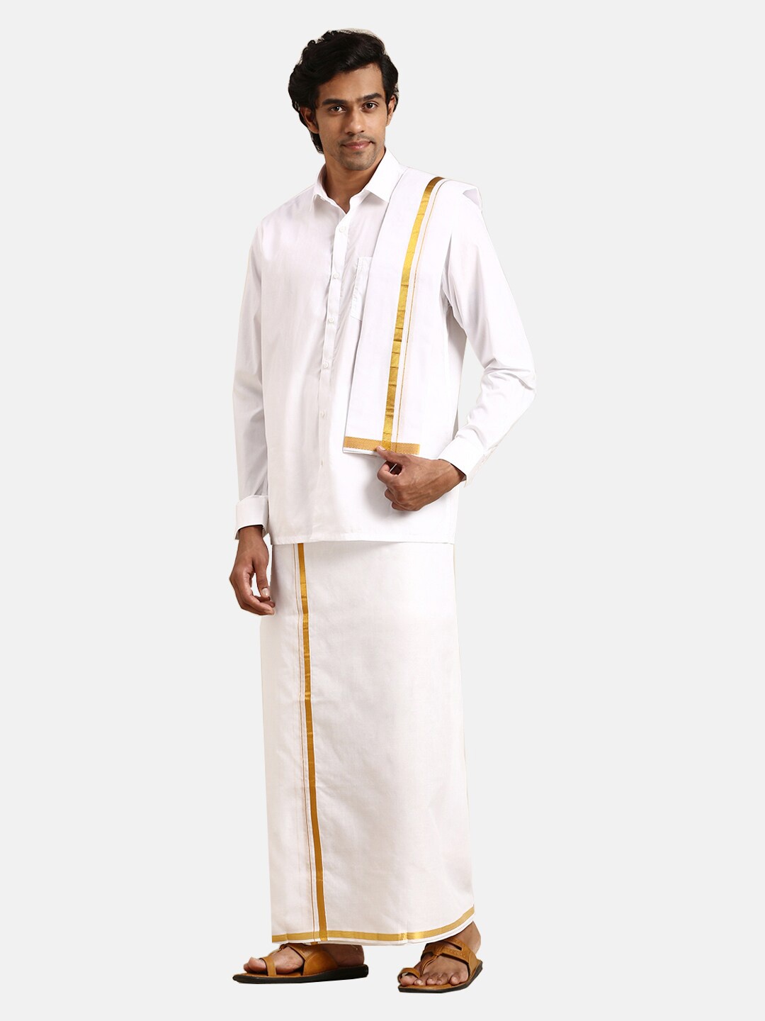 

Ramraj Pure Cotton Shirt With Veshti & Angavastram, White