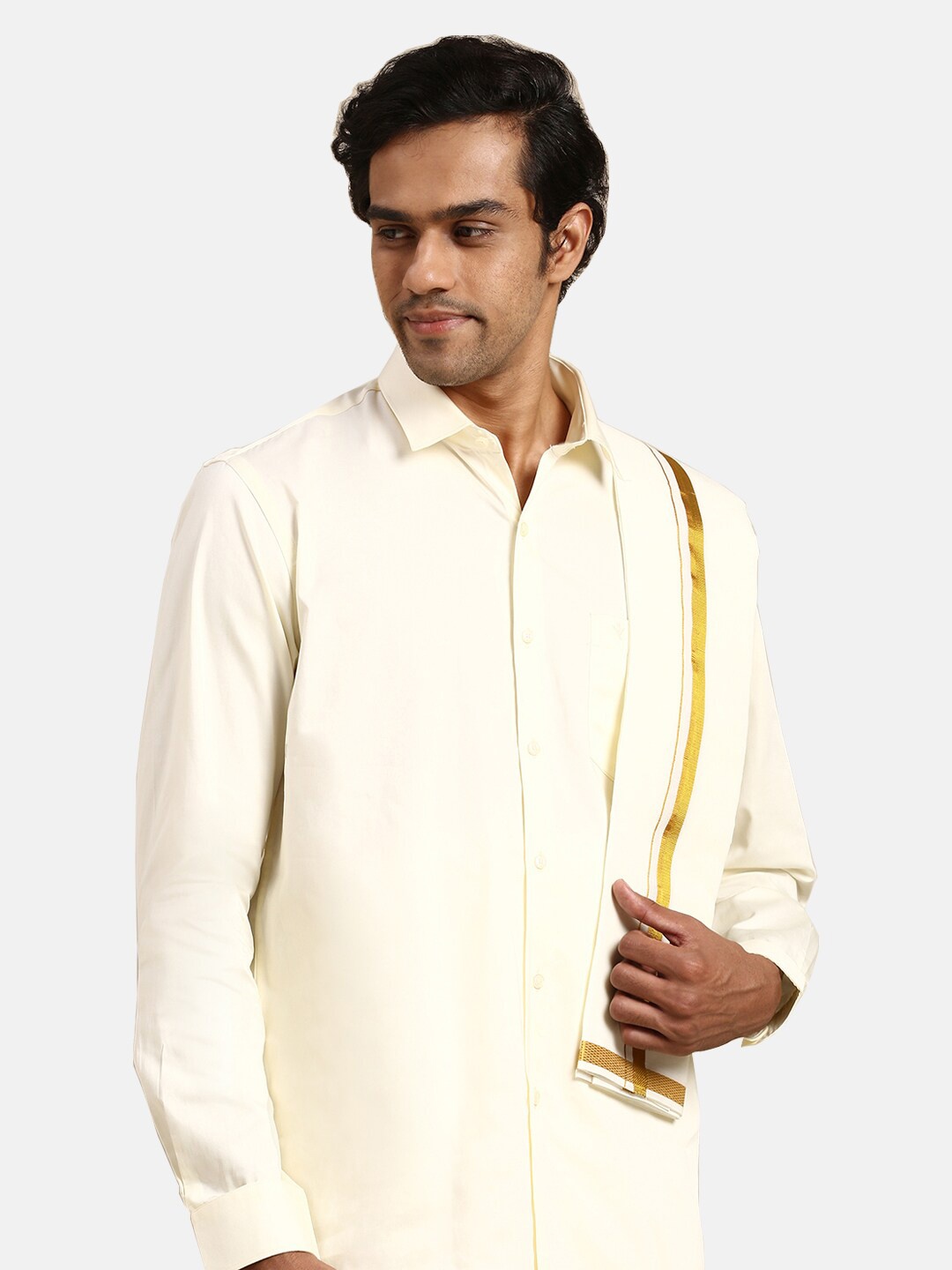 

Ramraj Art Silk Shirt With Veshti & Angavastram, Cream