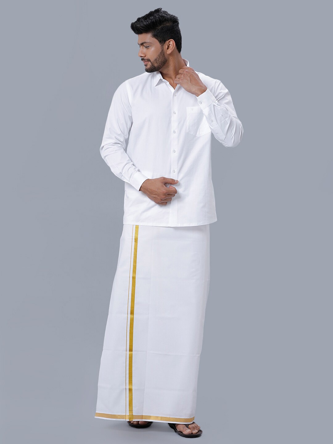 

Ramraj Long Sleeves Pure Cotton Shirt With Veshti, White