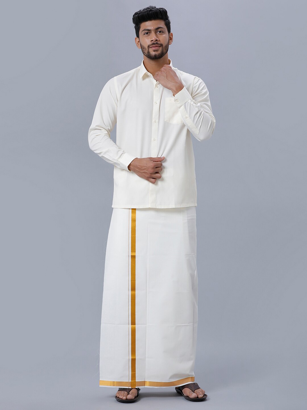 

Ramraj Long Sleeves Pure Cotton Shirt With Veshti, Cream