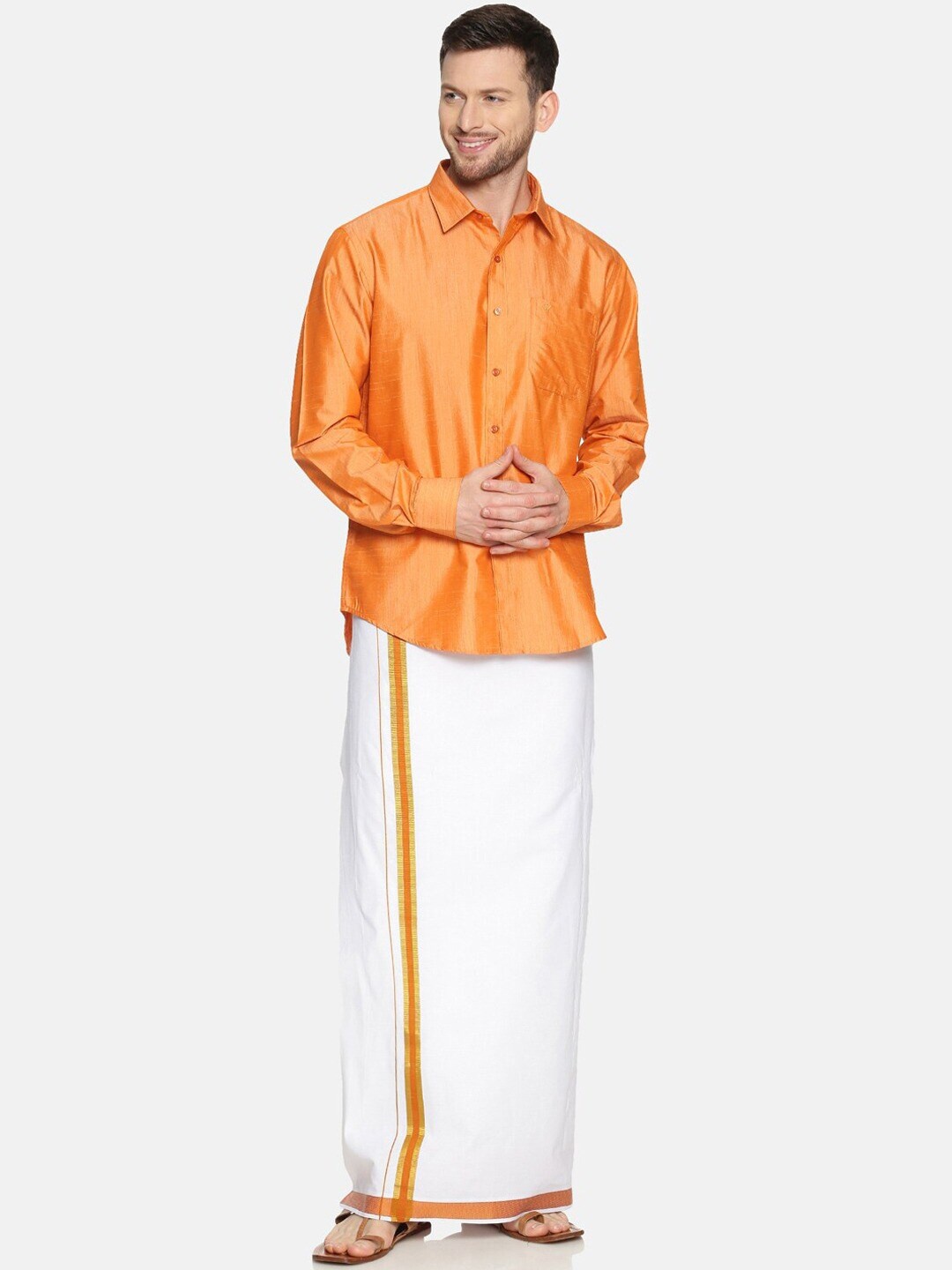 

Ramraj Mens Cotton Blend Long Sleeve Shirt with Dhoti, Orange