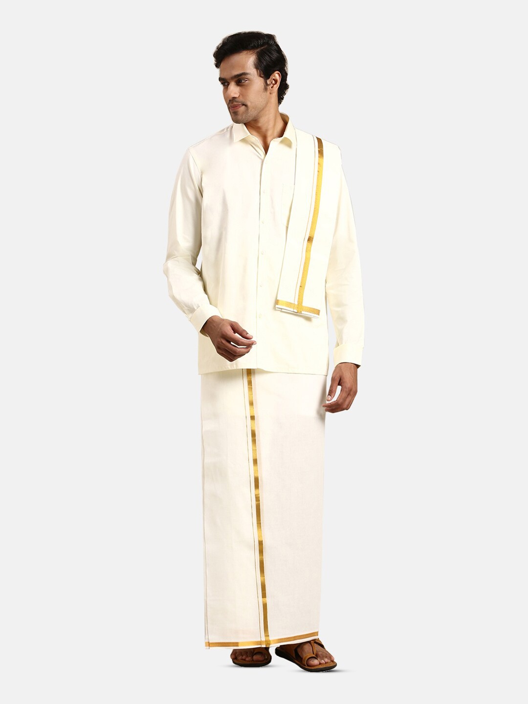 

Ramraj Pure Cotton Shirt With Veshti & Angavastram, Cream