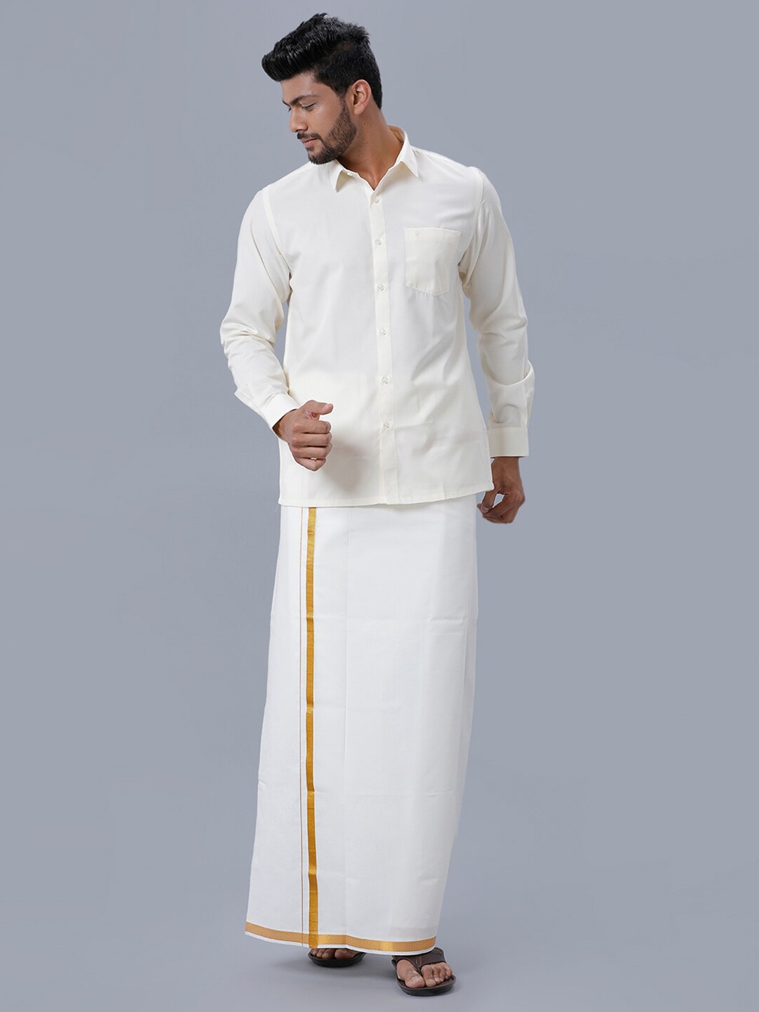 

Ramraj Pure Cotton Shirt With Golden Zari Veshti, Cream