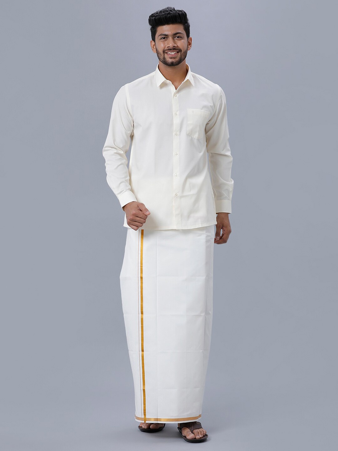 

Ramraj Long Sleeves Pure Cotton Shirt With Dhoti, Cream