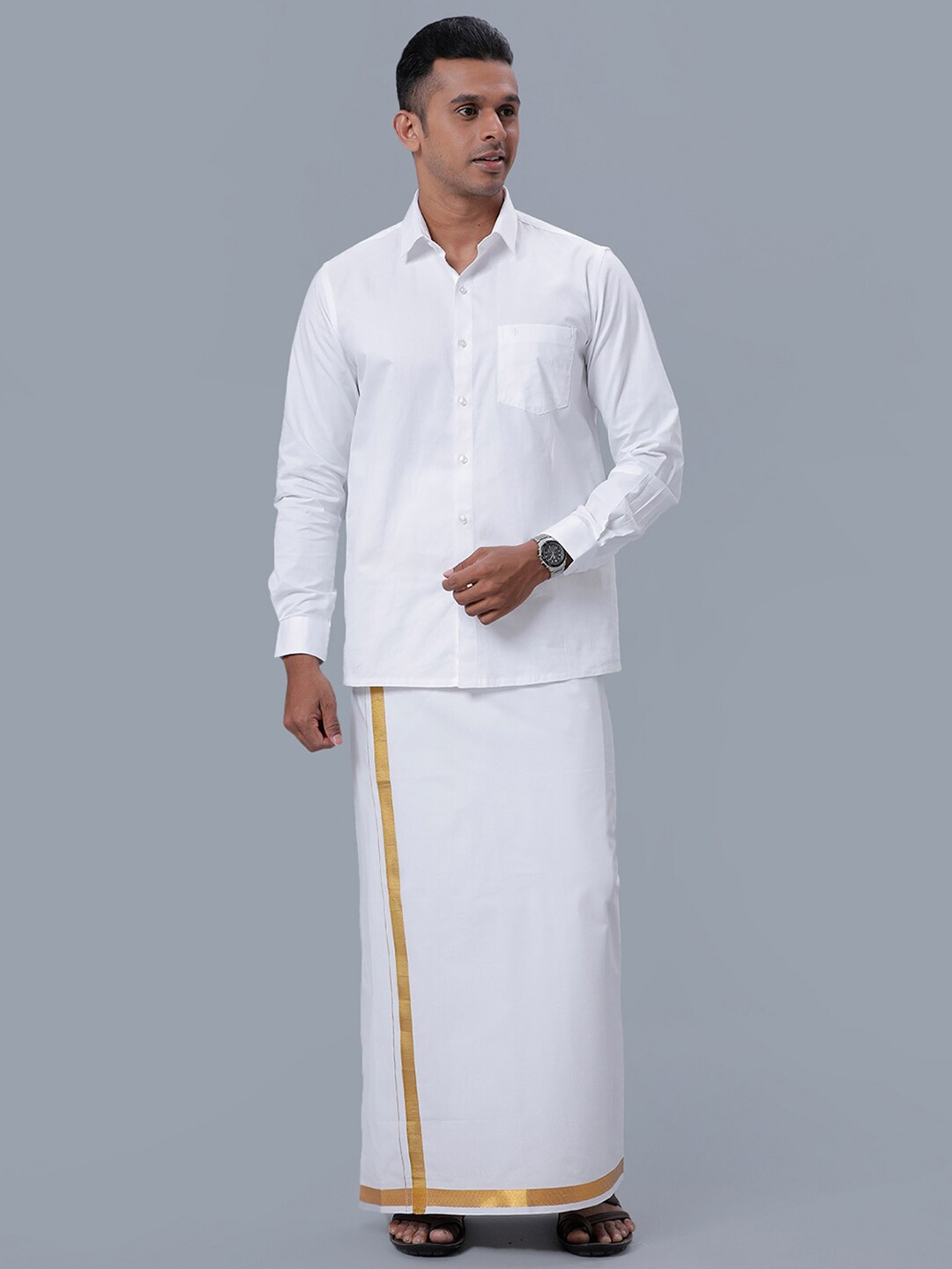 

Ramraj Pure Cotton Shirt With Golden Zari Veshti, White