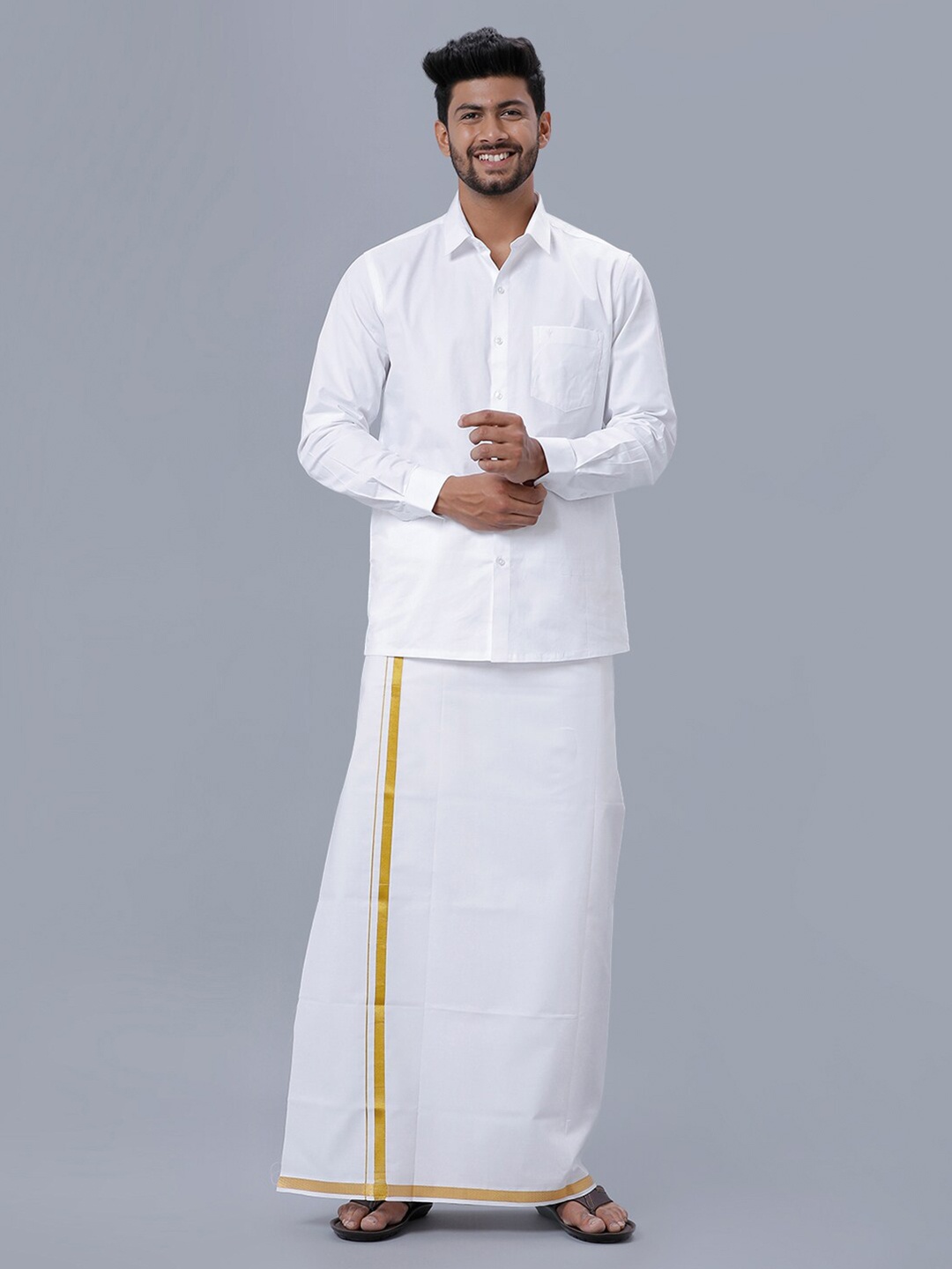 

Ramraj Long Sleeves Pure Cotton Shirt With Veshti, White