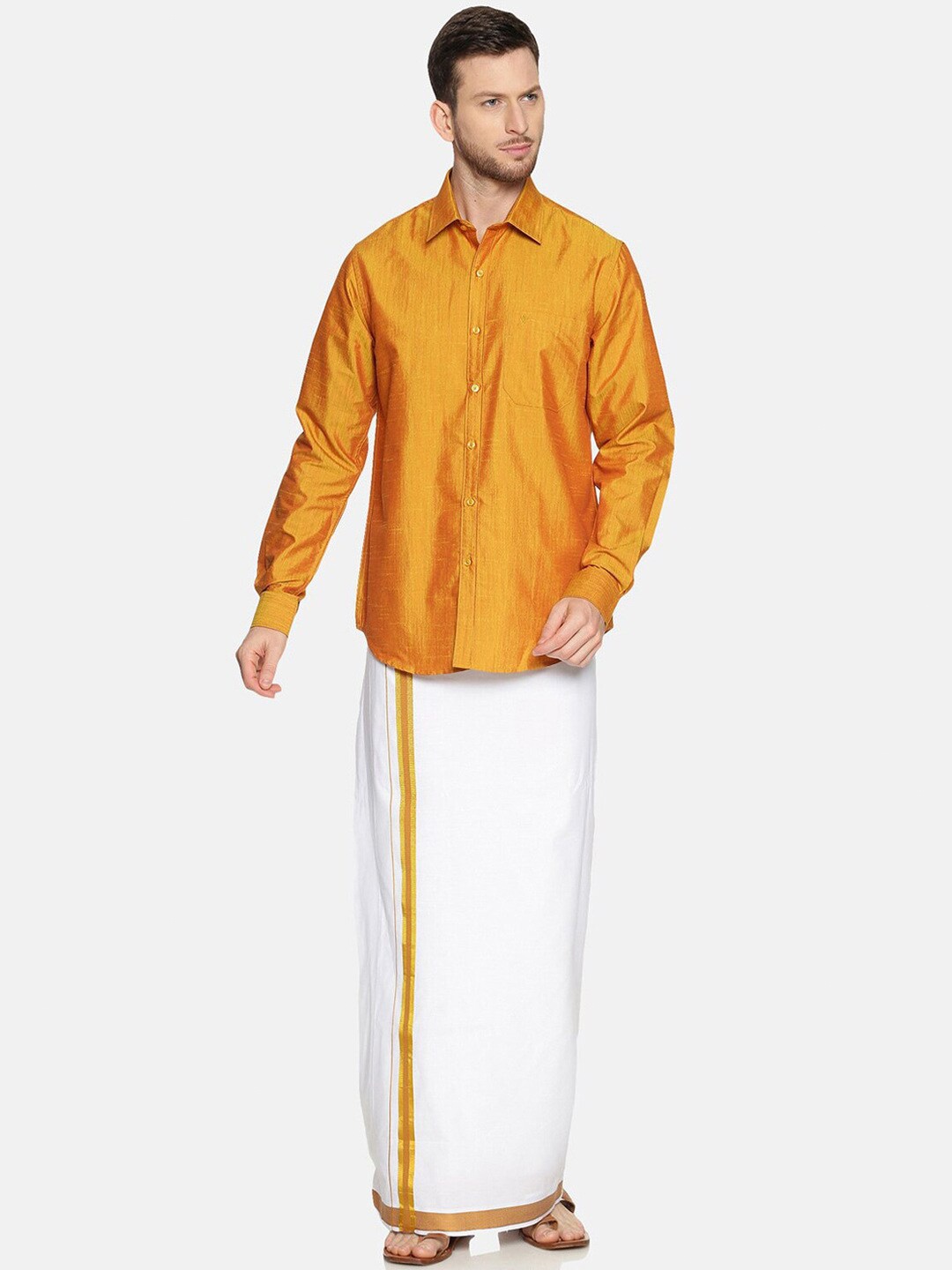 

Ramraj Long Sleeves Shirt With Golden Zari Veshti, Gold