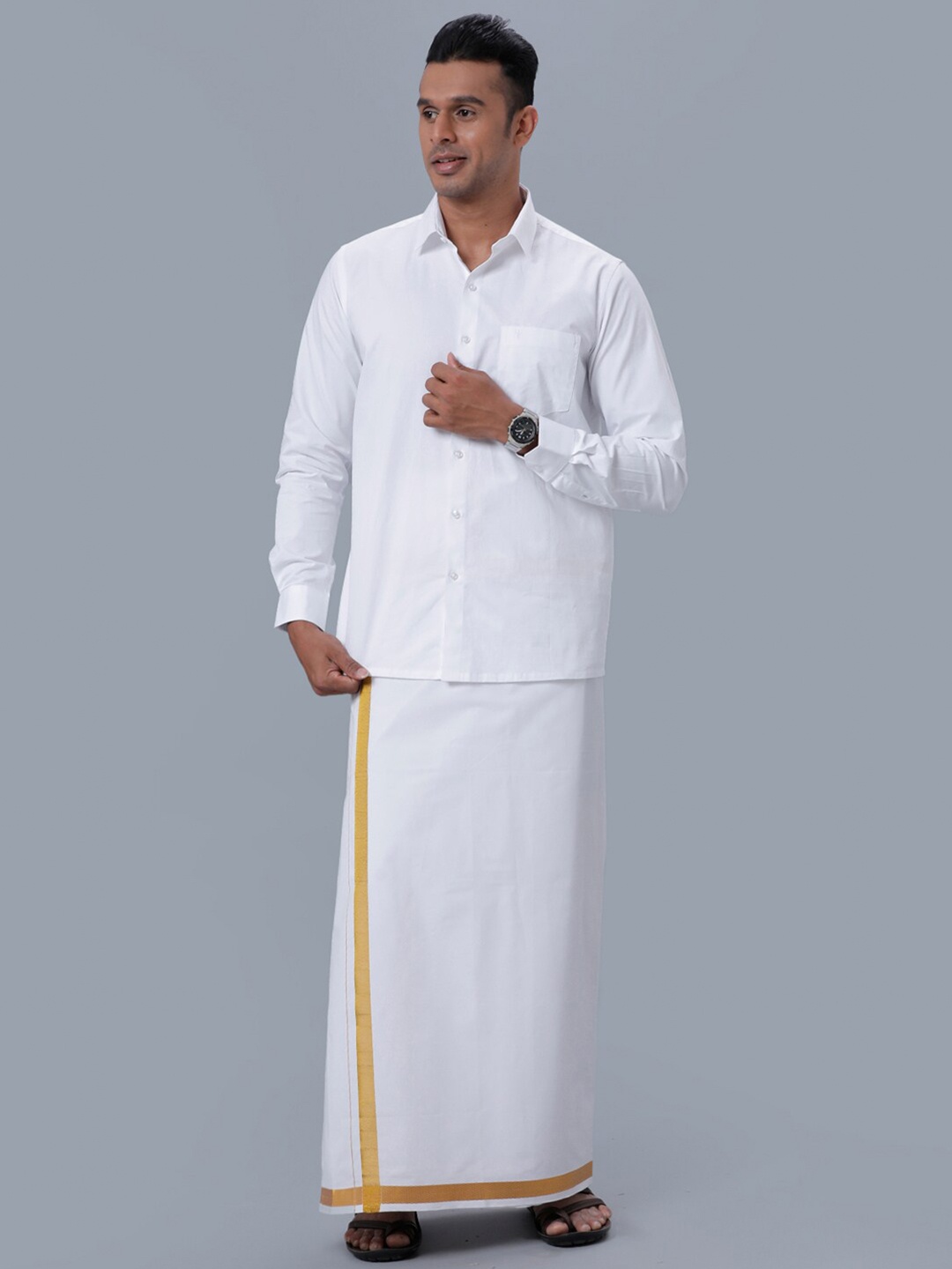 

Ramraj Long Sleeves Pure Cotton Shirt With Veshti, White