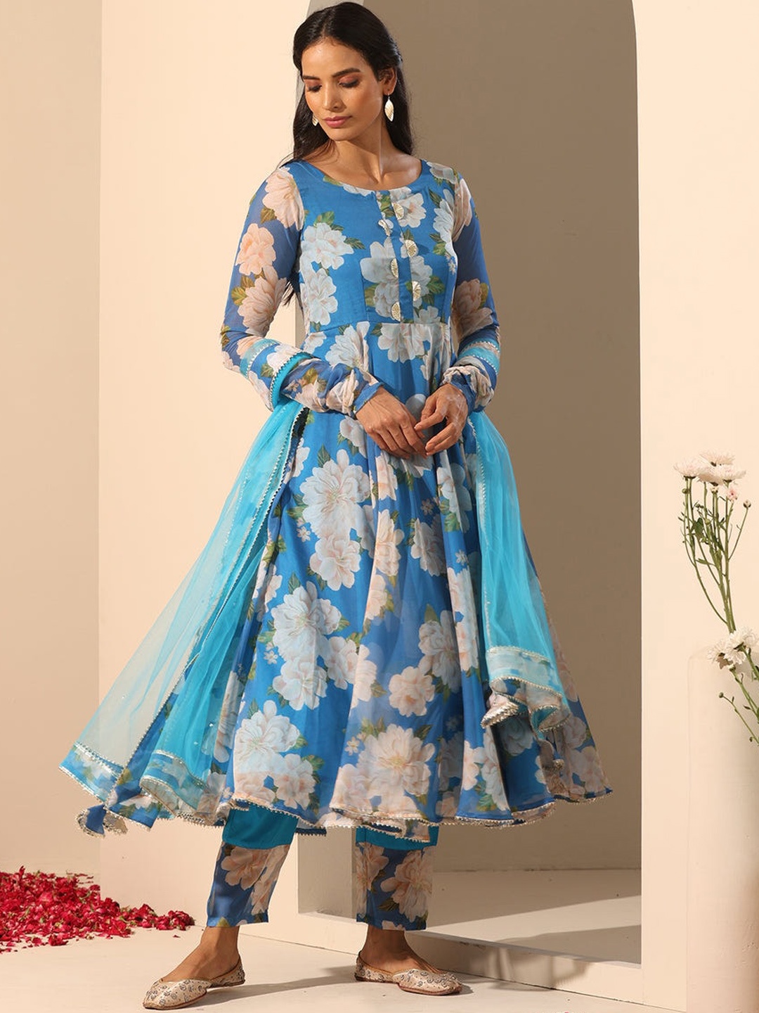 

NAINVISH Floral Printed Gotta Patti Anarkali Kurta with Trousers & With Dupatta, Blue