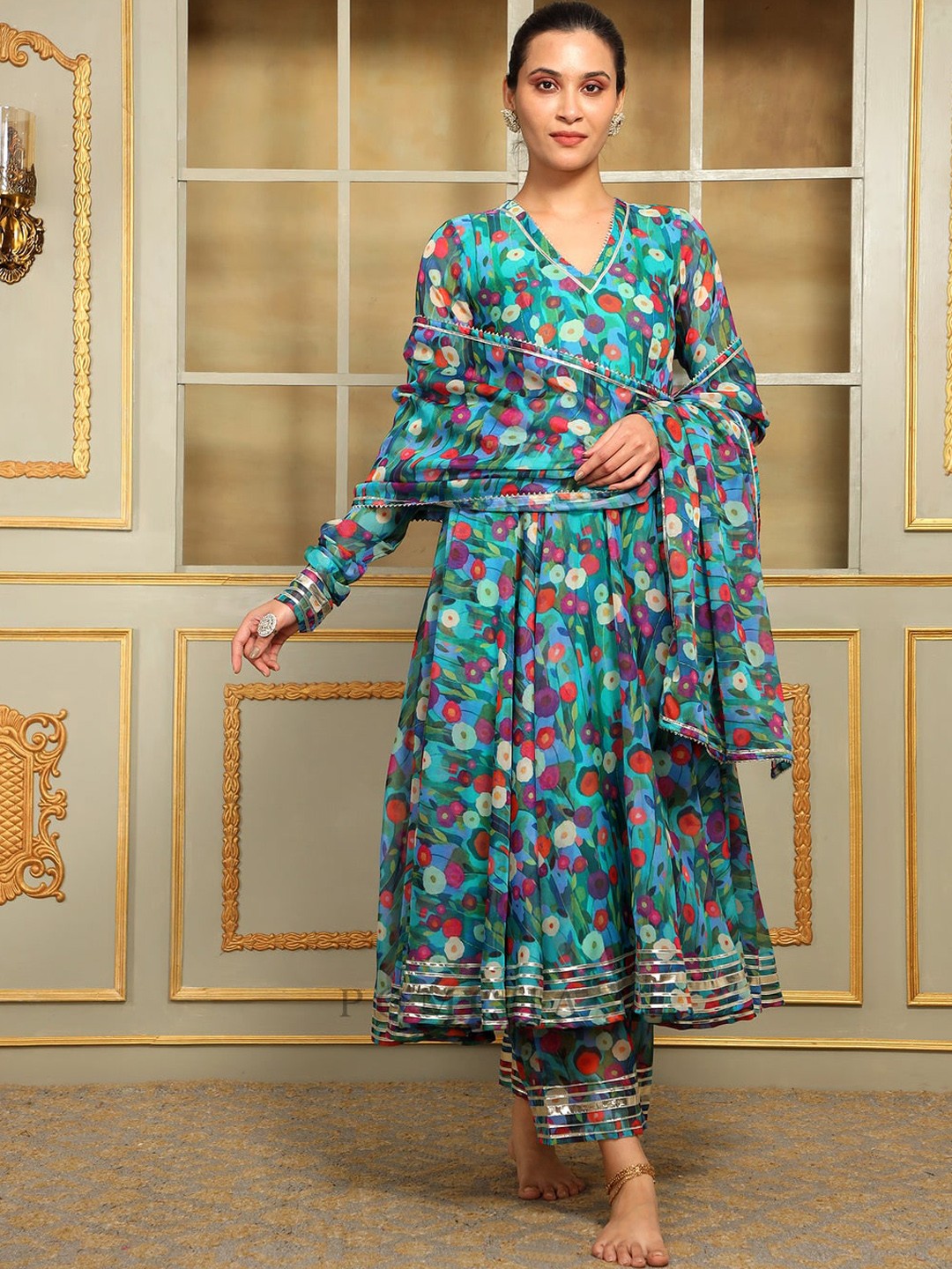 

NAINVISH Floral Printed Anarkali Gotta Patti Kurta with Trousers & With Dupatta, Turquoise blue