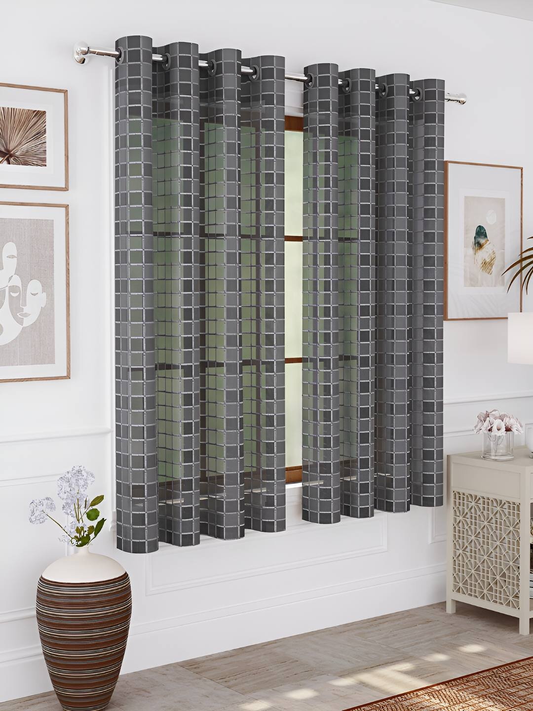 

Story@home Grey 2 Pieces Geometric Sheer Window Curtains