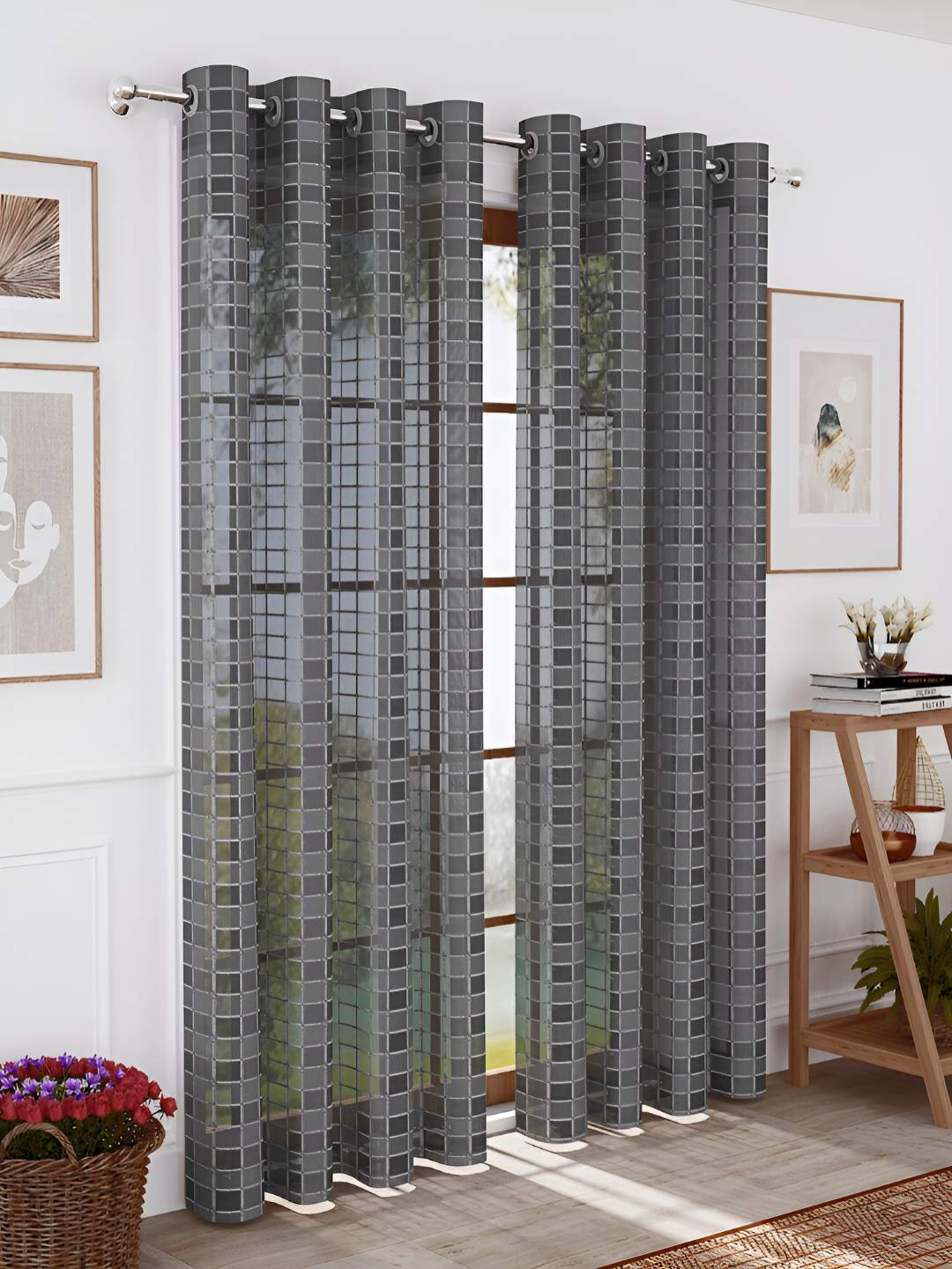 

Story@home Grey 2 Pcs Geometric Sheer Eyelet Door Curtains