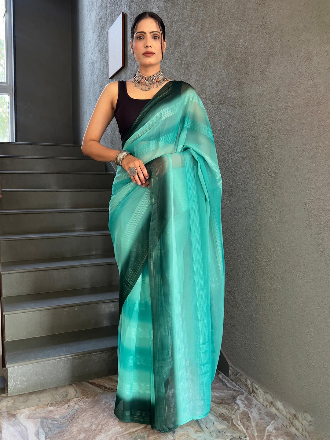 

Reeta Fashion Striped Zari Pure Georgette Ready to Wear Saree, Blue