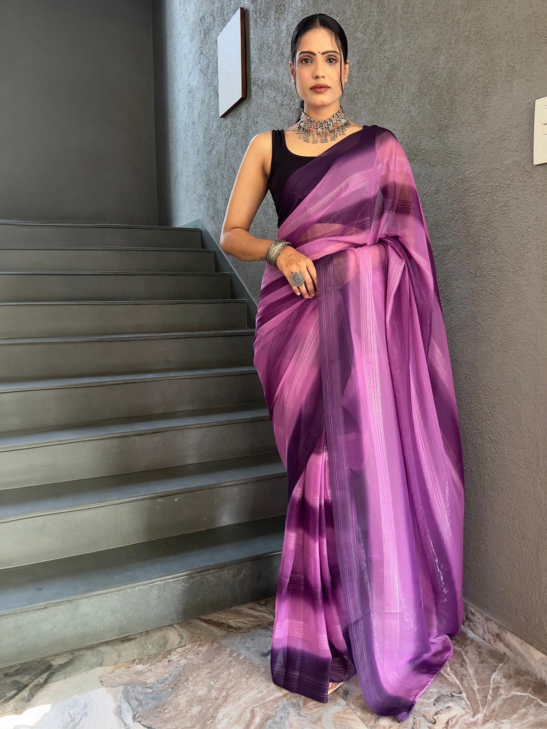 

Reeta Fashion Striped Pure Georgette Ready to Wear Saree, Pink