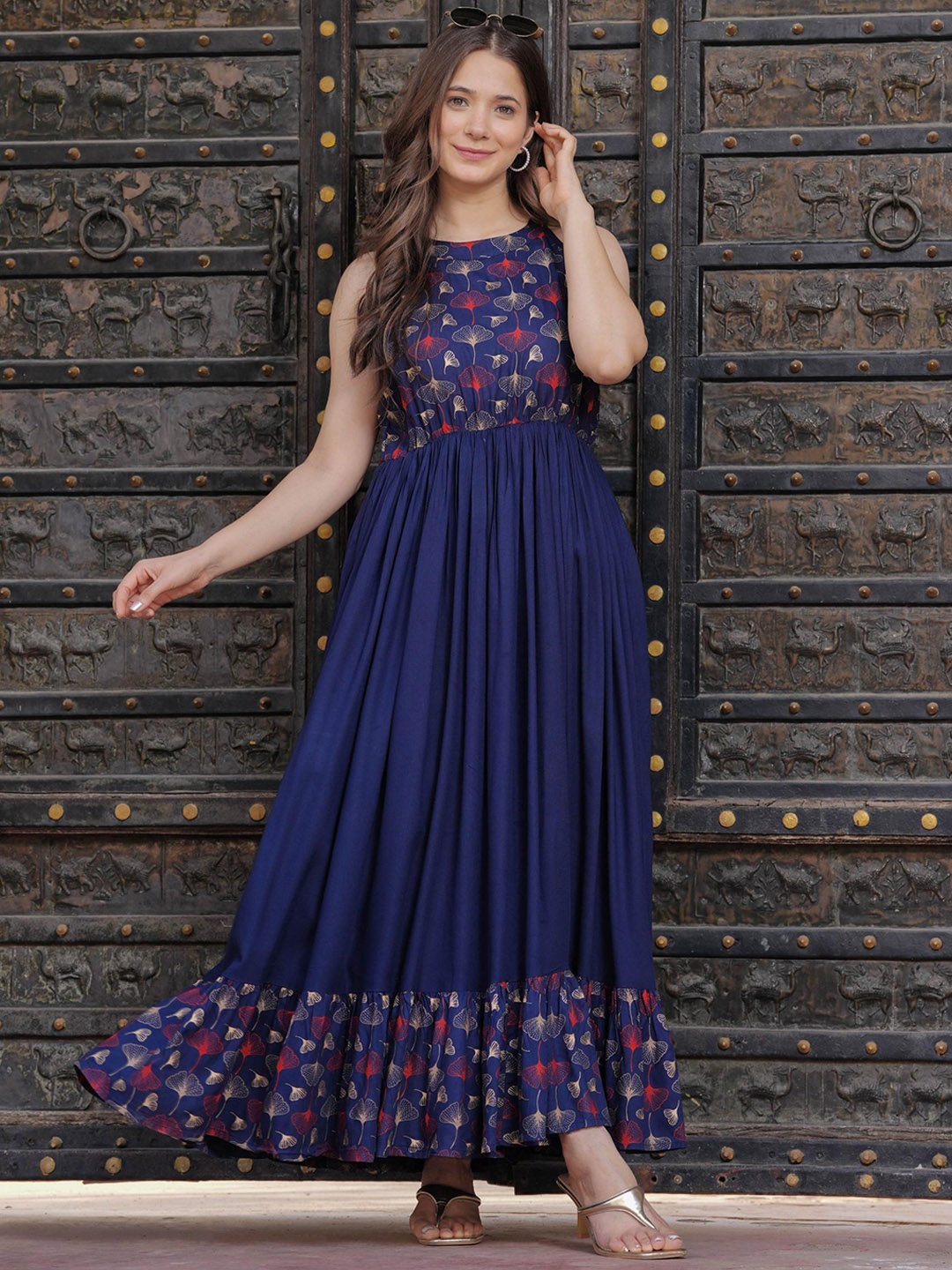 

Chandbaali Floral Printed A-line Maxi Ethnic Dress, Navy blue
