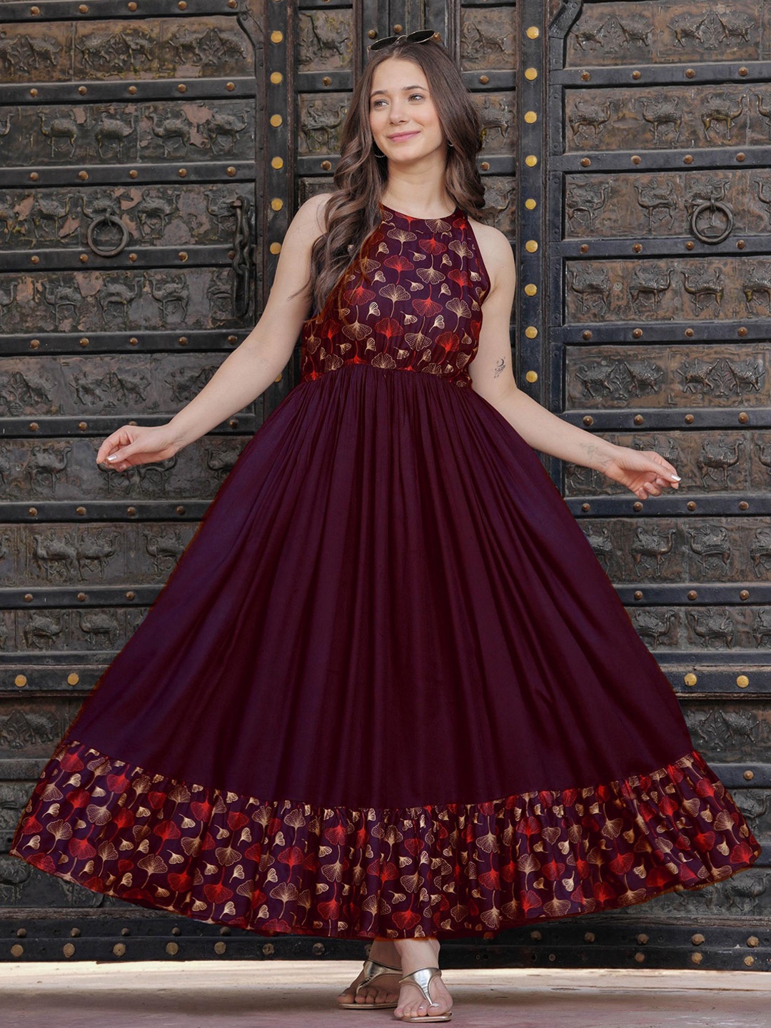 

Chandbaali Floral Printed A-line Maxi Ethnic Dress, Maroon