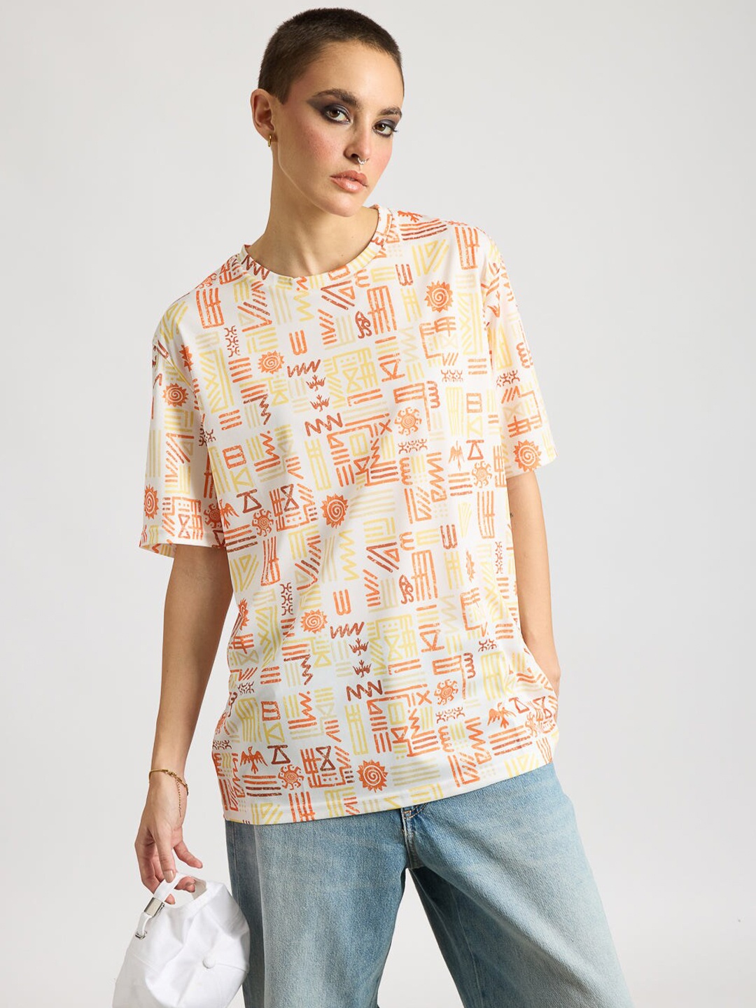 

FREAKINS Printed Round Neck T-shirt, Beige