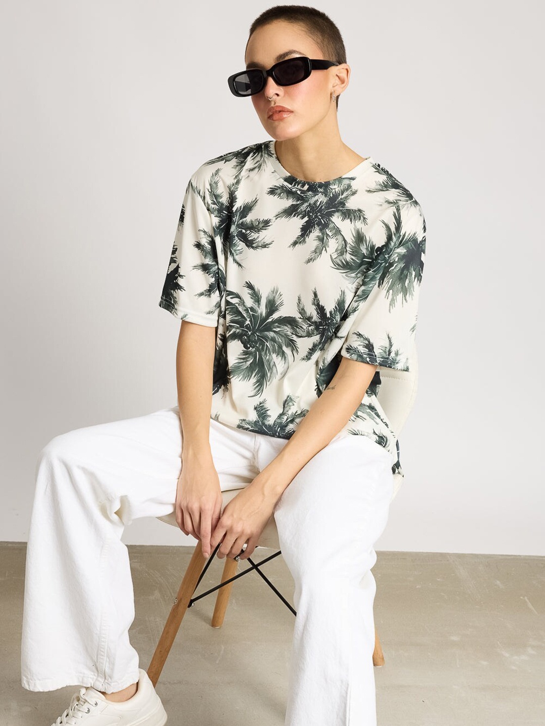 

FREAKINS Women Floral Printed Tropical T-shirt, Beige