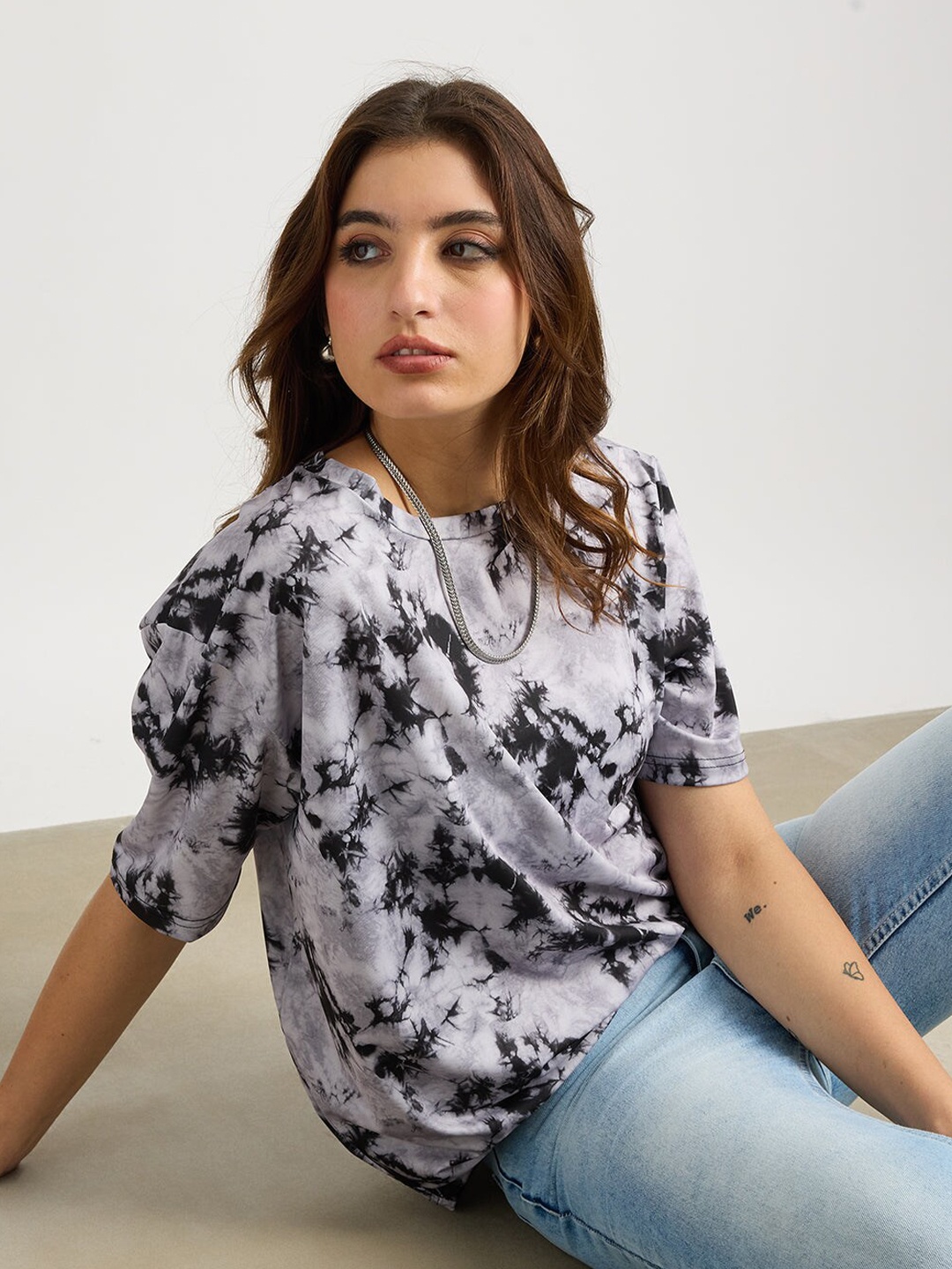 

FREAKINS Tie and Dye Printed Drop-Shoulder Sleeves T-shirt, Black