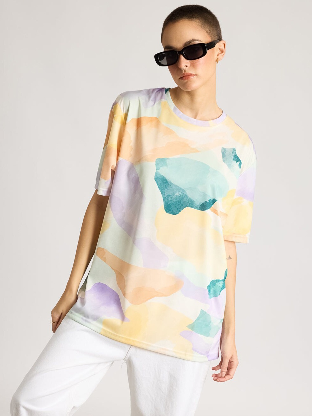 

FREAKINS Abstract Printed Drop-Shoulder Sleeves T-shirt, Orange