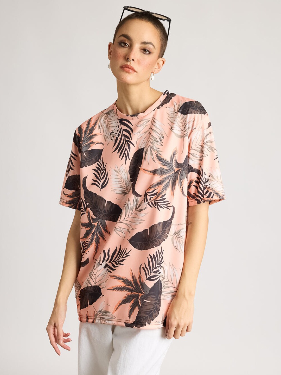 

FREAKINS Women Printed Drop-Shoulder Sleeves Tropical T-shirt, Pink