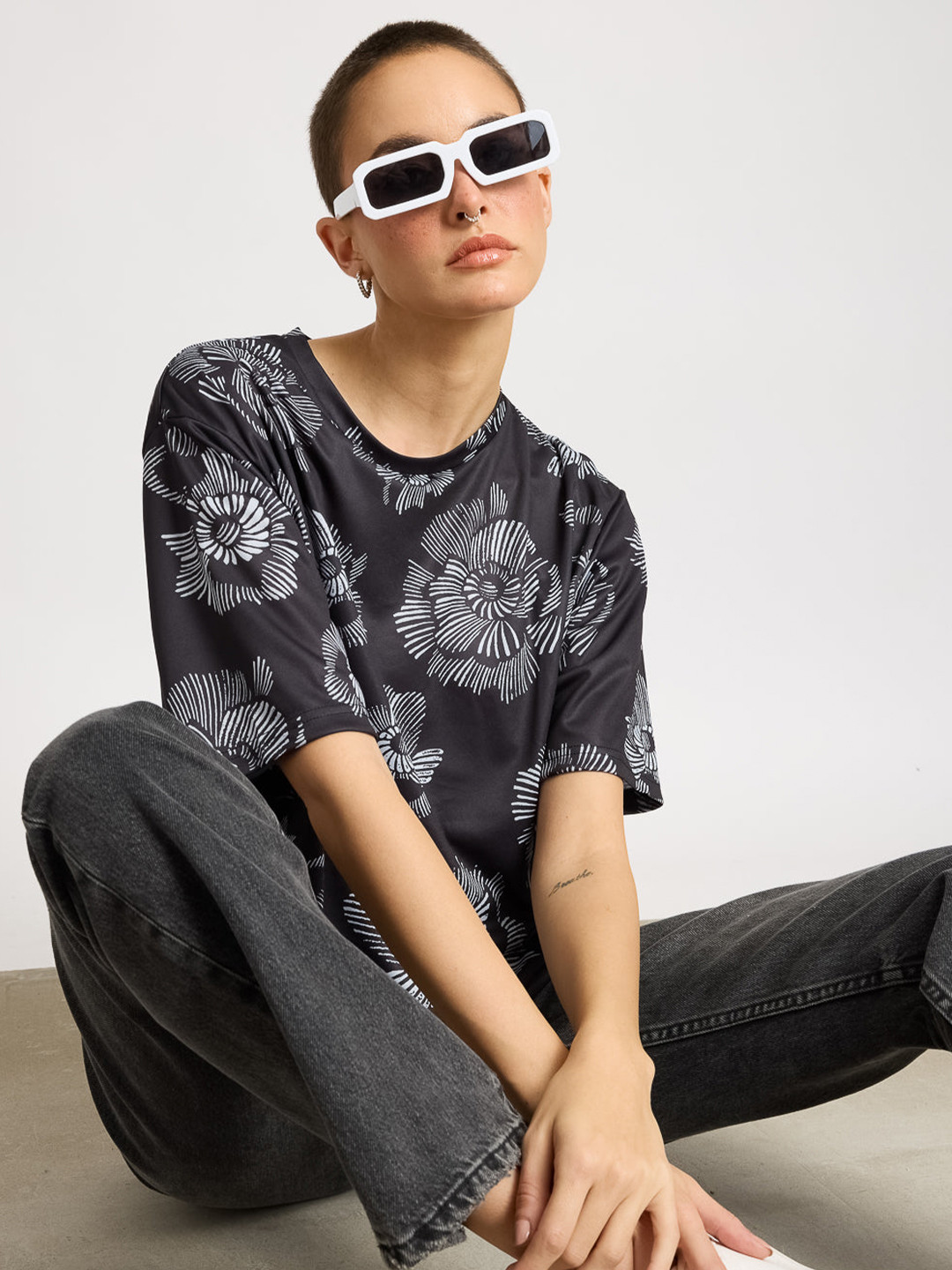 

FREAKINS Women Floral Printed T-shirt, Black
