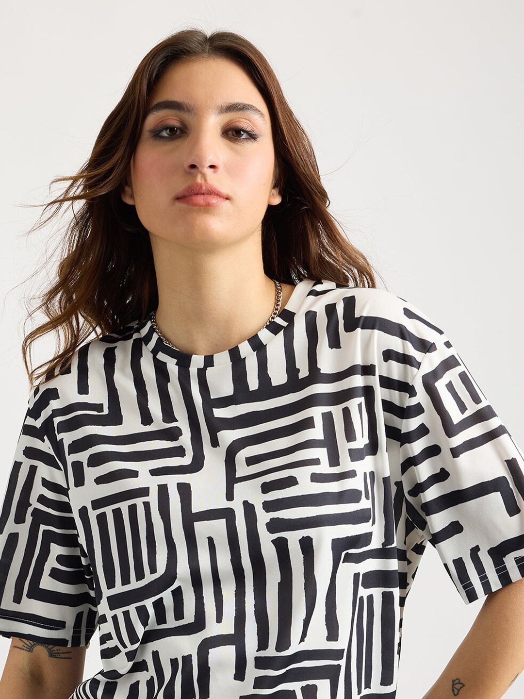

FREAKINS Striped Printed Round Neck T-shirt, Black