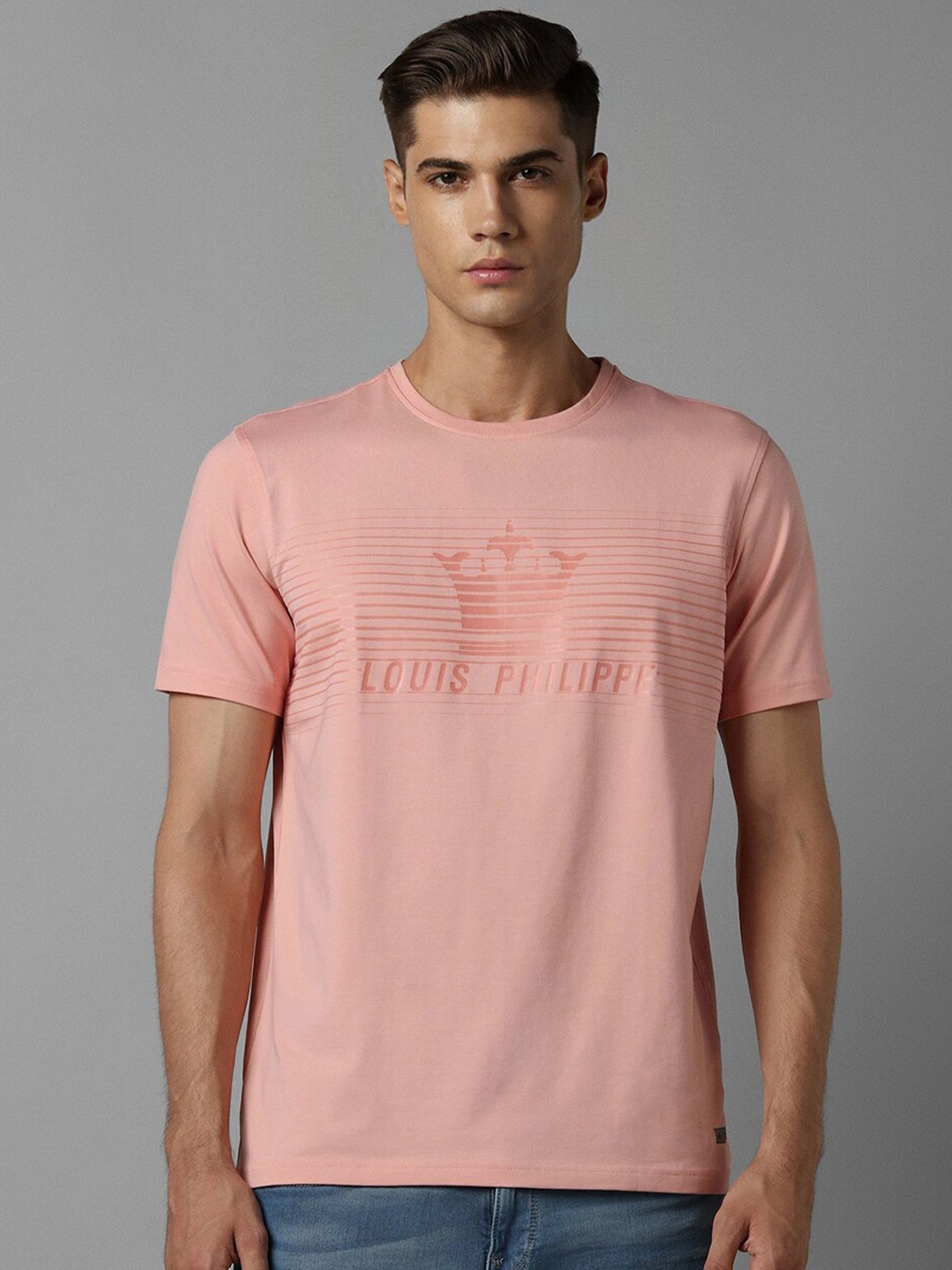 

Louis Philippe Typography Printed Round Neck Slim Fit Cotton Casual T-shirt, Pink