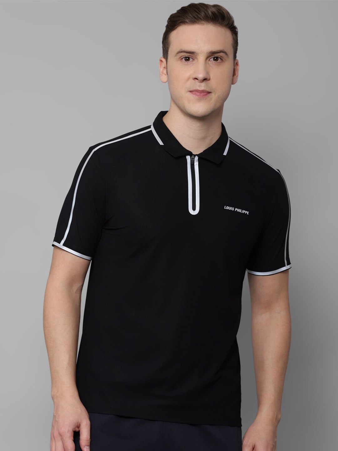 

Louis Philippe Black Polo Collar Short Sleeves Pockets Casual T-shirt