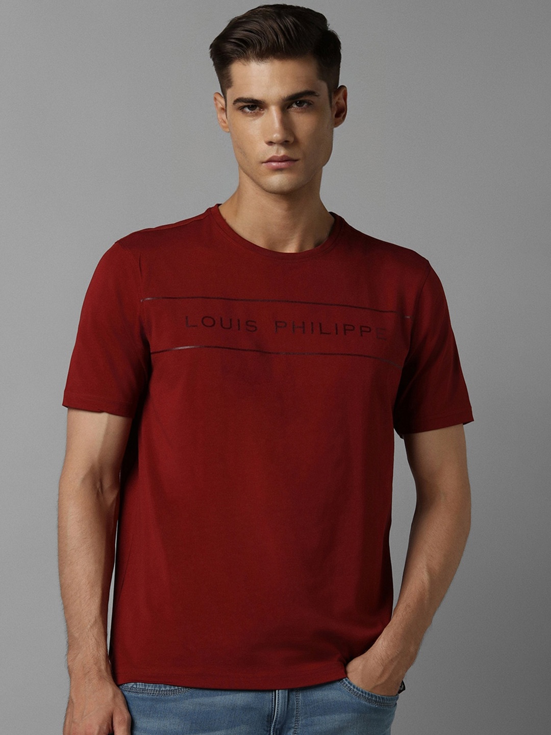 

Louis Philippe Maroon Typography Printed Cotton Short Sleeves Slim Fit Casual T-shirt