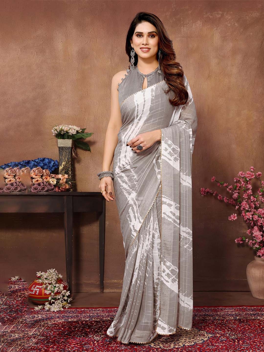 

Reeta Fashion Checked Pure Georgette Ready to Wear Saree, Grey