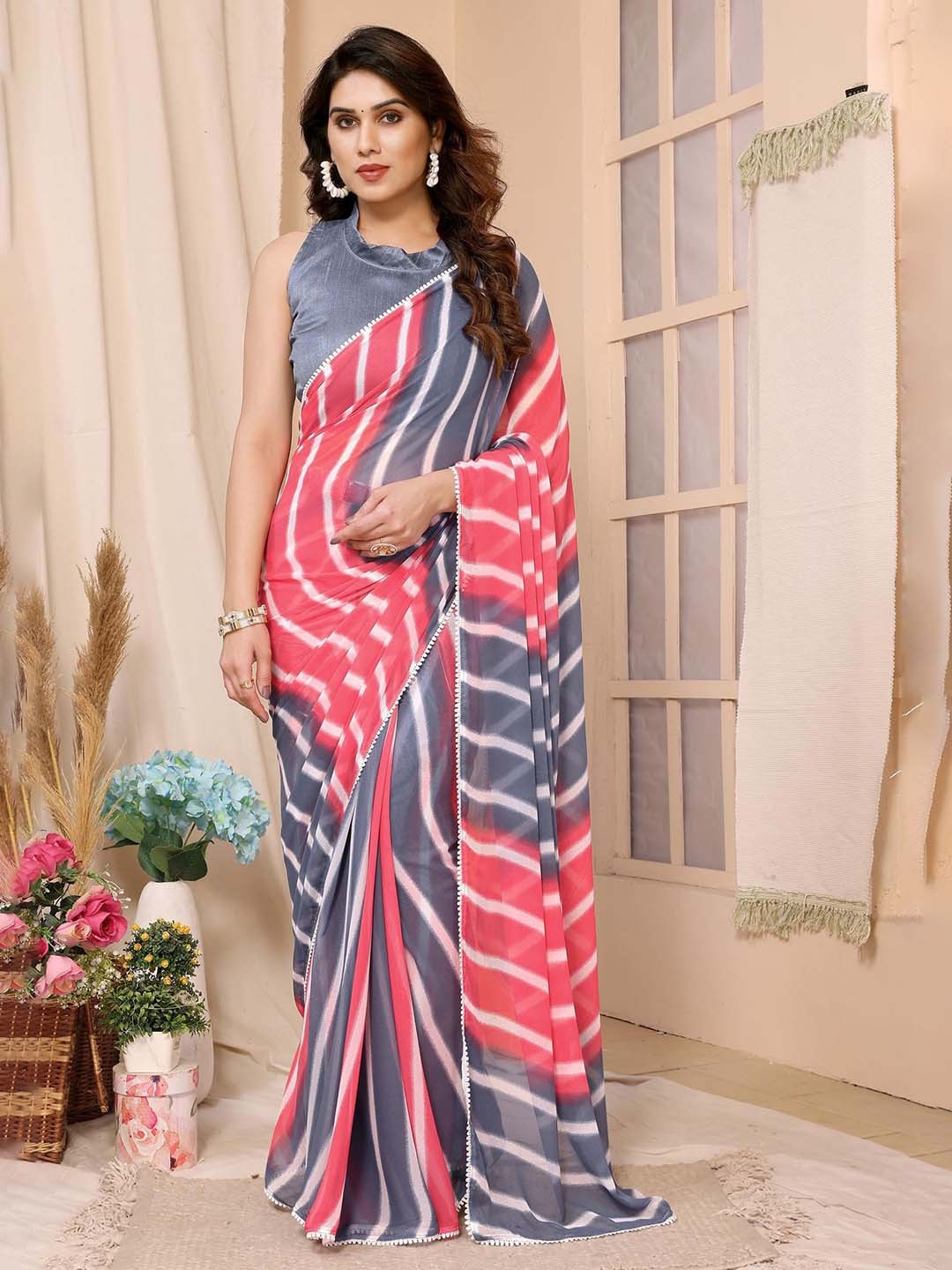 

Reeta Fashion Striped Pure Georgette Ready to Wear Saree, Red
