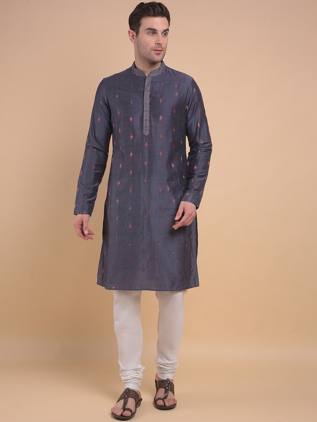 

Anouk Ethnic Motifs Woven Design Mandarin Collar Straight Kurta with Churidar, Grey