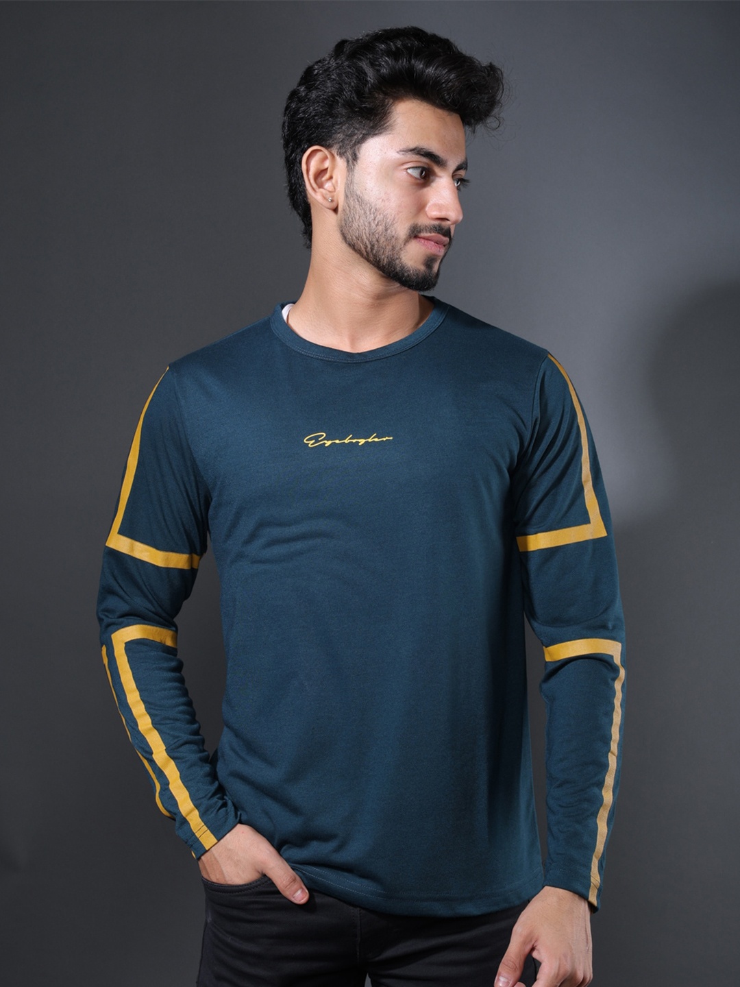 

Eyebogler Typography Printed Round Neck Long Sleeves Cotton T-shirt, Blue