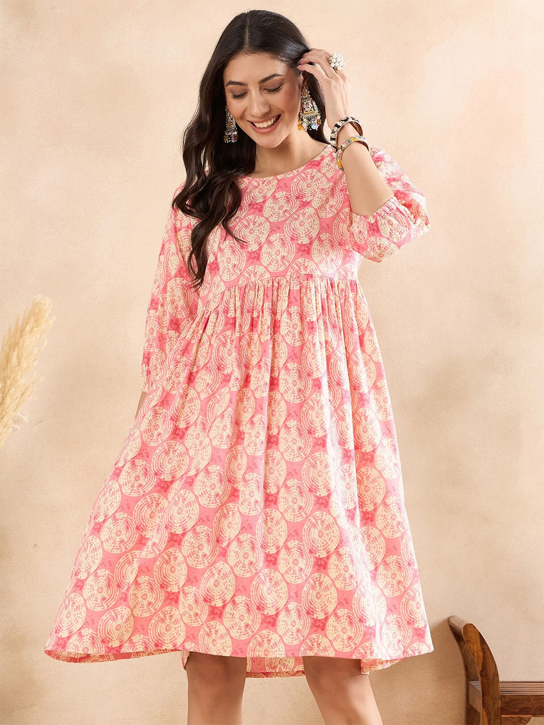 

Anouk Peach-Coloured Geometric Printed Puff Sleeves Gathered Pure Cotton A-Line Dress